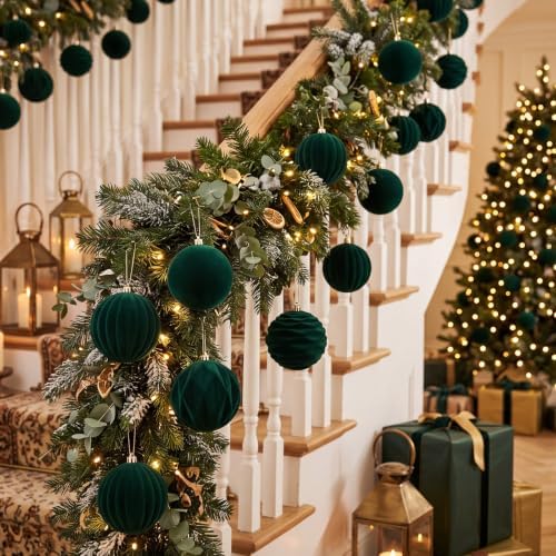 Liliful 3.15 Inch 12 Pcs Velvet Christmas Ornaments Balls, Dark Green