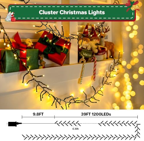 Christmas Lights Plug-in 40FT 1200LEDs Cluster String Lights Indoor Outdoor