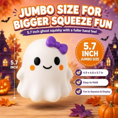 Jumbo 5.7 Inch Cute Ghost Squishy , Soft Slow‑Rising Squeeze Fidget Toy . Halloween Stress‑Relief Desk Decor, Ideal Party Favor and Classroom Gift for Teens and Adults (Style 1)