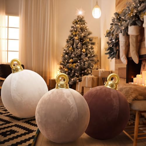 3 Pcs 32 Inch Giant Velvet Christmas Inflatable Balls, Brown, Khaki, Beige