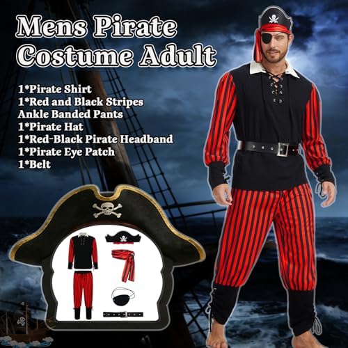 Men’s Pirate Costume Set, 8-Piece Renaissance Medieval Outfit Accessories