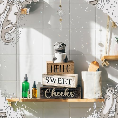 Moucuny 4 Pcs Otter Bathroom Decor Wooden Block Signs Hello Sweet Cheeks