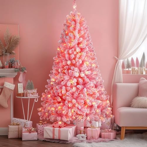SHareconn 6.5ft Snow Flocked Spruce Pre-lit Artificial Christmas Tree, Pink