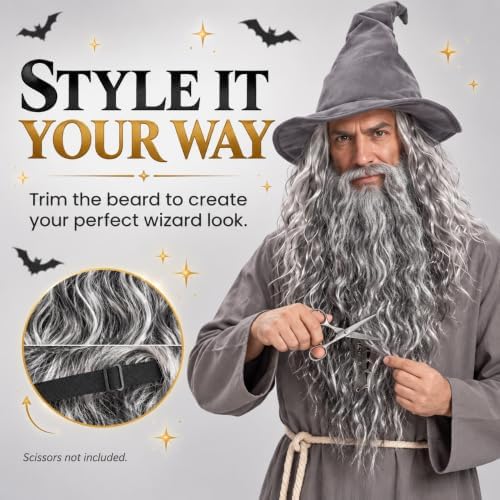 Gray Wizard Costume Men - 6Pcs Medieval Warlock Sorcerer Robe Set for Halloween