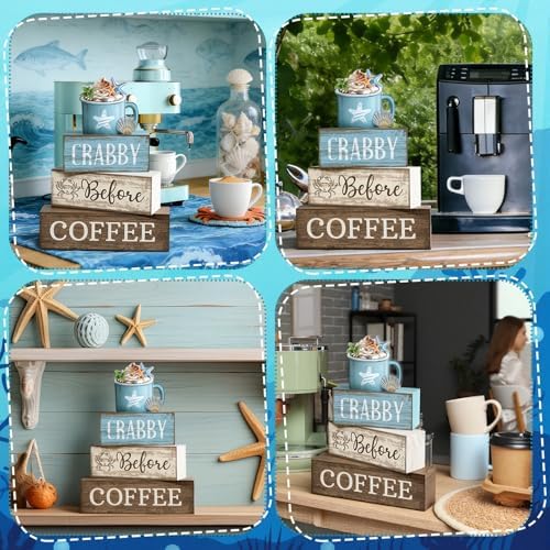 Lineshading 4 Pcs Coffee Beach Decor Wooden Blocks, Coastal Tiered Tray