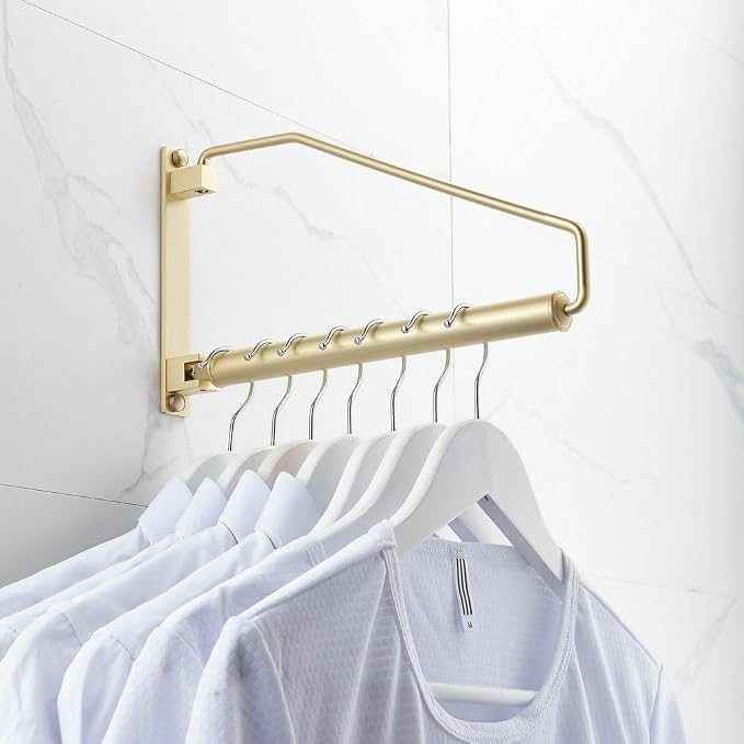 Folding Clothes Hanger Gold Brushed Drying Clothes Rack Wall-Mounted Space Saver for Laundry Room Closet, Brass, 12 Inch