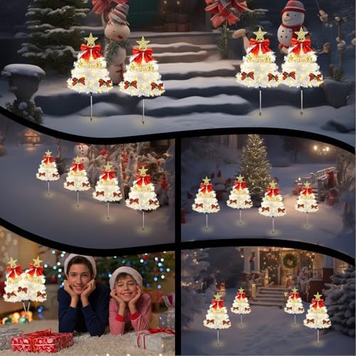 Christmas Tree Solar Pathway Lights Outdoor Decor, 4 Pack, White