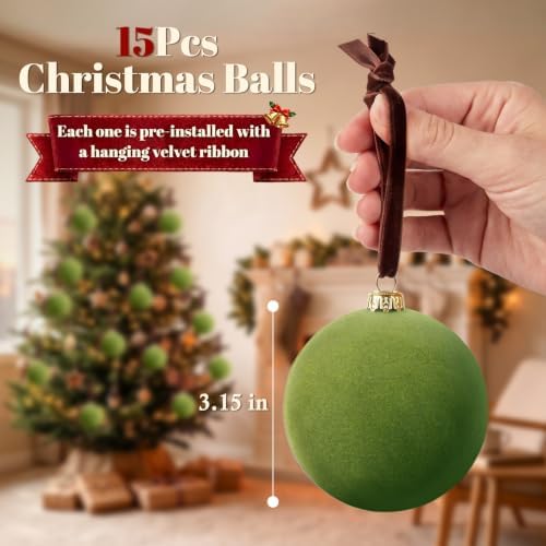 TOWPONICS 15 Pcs Green Velvet Christmas Ornaments Balls, 3.15 Inch Big Velvet Ornaments for Christmas Tree, Decorative Hanging Ornaments for Xmas Tree, Family Holiday Wedding Xmas Decoration