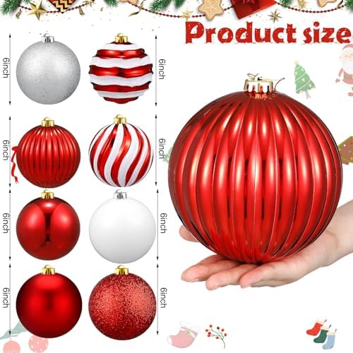 Deekin 8 Pack Large Christmas Ornaments Balls, 6 Inch Jumbo Glitter, Vivid