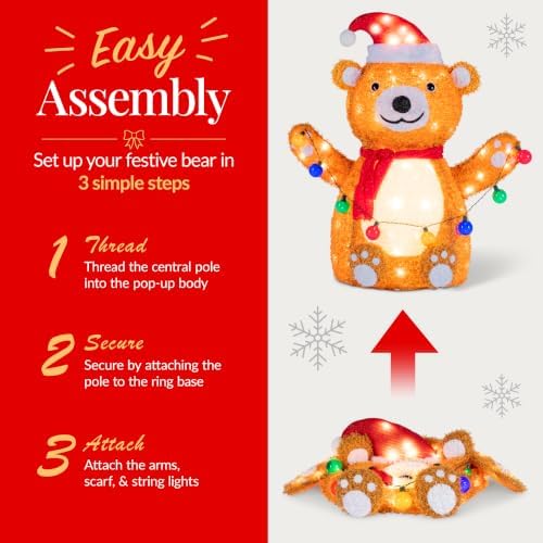 Best Choice Products 5ft Lighted Pop-Up Teddy Bear, Large Outdoor Christmas Holiday Decoration w/ 200 LED Lights, Hat, Scarf, Multicolored Lights