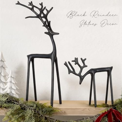 Christmas Decorations - Set of 2 Sculpted Black Metal Reindeer Statues