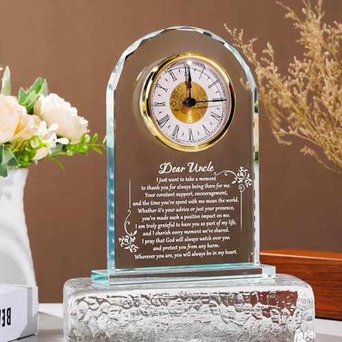 YWHL Best Uncle Birthday Gifts from Niece Nephew, Fathers Day Glass Clock Gifts for Uncle, Laser Engraving Clock Keepsake (Battery not Included)