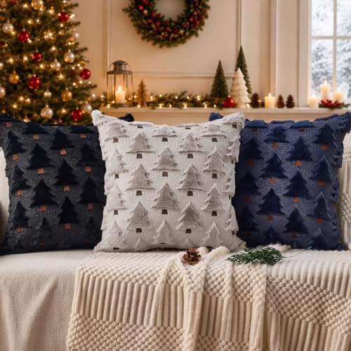 Allorry Christmas Pillow Covers 16x16 inch Set of 2 Grey Christmas Decorations Soft Plush Faux Fur Wool Christmas Tree Throw Pillow Cases Winter Holiday Decor for Sofa Living Room PT002I16