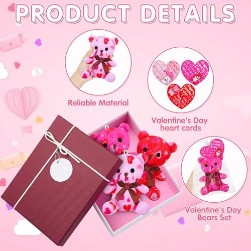 Poen 18 Pack Valentines Day Bears Bulk with Heart Cards Mini Valentine Stuffed Animal with Heart Pattern Bears Toys Keychains for Kids Boy Girl Classroom Prize Goodie Bag Stuffers Party Favor