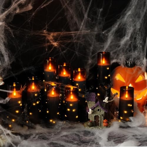 kakoya Flameless LED Candles with Timer 9 Pc Flickering Flameless Candles for Romantic Ambiance and Home Decoration Stable Acrylic Shell,with Embedded Star String,Battery Operated Candles（Black）