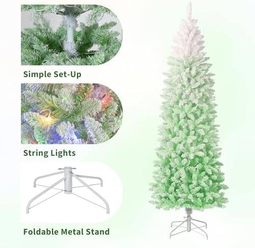 GarveeHome 6 ft Prelit Artificial Christmas Tree with RGB & Warm White Lights, Pre-Lit Snow Flocked Pencil Christmas Tree, Foldable Base,Holiday Decoration for Home, Office, Party,Green Gradient