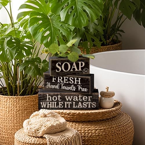 Lineshading 4 Pcs Wooden Bathroom Block Signs, Farmhouse Shelf Decor