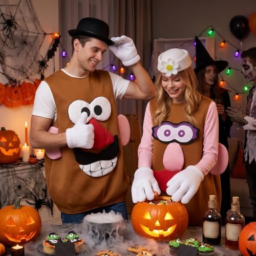 Mr/Mrs Potato Costume Cartoon Funny Halloween Couples Cosplay Tunic White Gloves Hat Detachable Parts Set for Adult