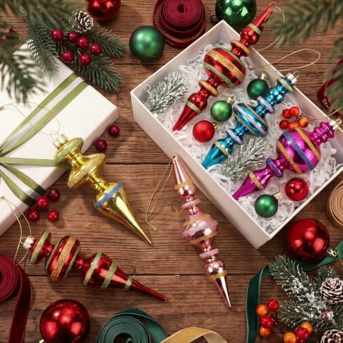 Soulchen 6 Pcs Vintage Glass Finial Christmas Ornaments Charming 6-6.8 Inch