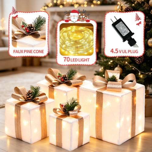 DomKom Set of 4 Christmas Lighted Gift Boxes, 70 Led Light Up White Iron Frame Present Box with Pine Cones Bows for Christmas Tree Party Yard Holiday Indoor Outdoor Decoration