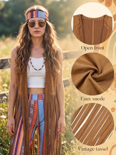 SOMSOC 7 Pieces 60s 70s Women Hippie Costume Fringe Vest Bag Pant Headband for Disco