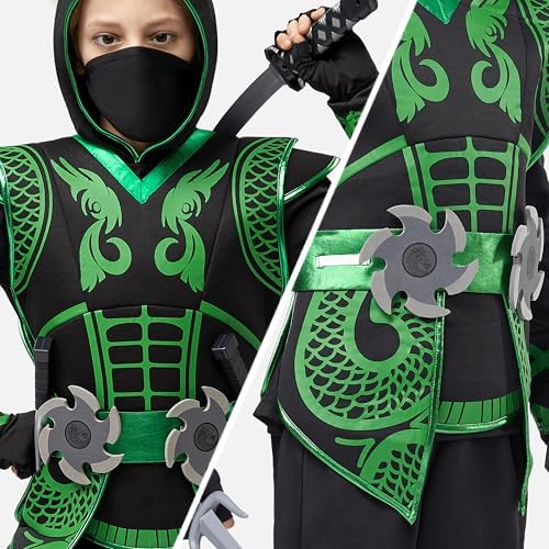 Spooktacular Creations Green Ninja Costume Set, Ninja Jumpsuit with Foam Accessories for Boys Halloween Outfit for Ideas Cosplay Party (S, 5-7 yrs)
