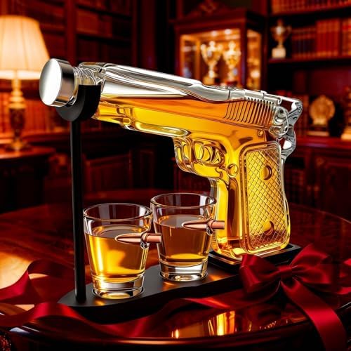 Whiskey Gun Decanter Set + 2 Bullet Glasses - Birthday Pistol Gifts for Men, Boyfriends Who Have Everything, Whiskey Gifts for Dad, Father, Husband, Boyfriend & Military Enthusiasts, Liquor Dispenser
