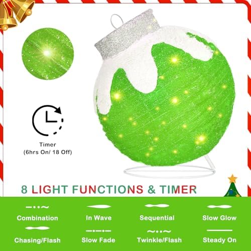 3 Pcs Outdoor Christmas Ornaments, Lighted Pop-Up Holiday Ball Decoration with 240 LED Lights, 8 Light Functions, Lighted Collapsible Christmas Outdoor Decorations for Yard, Patio, Home