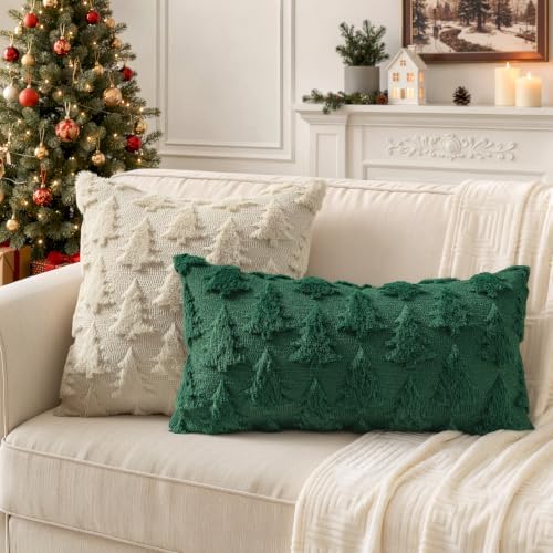 MIULEE Christmas Throw Pillow Covers Lumbar Dark Green Christmas Decorations Xmas Tree 12x24 Pillow Covers Soft Plush Faux Wool Pillowcases Holiday Festivals Winter Home Decor Sofa Couch Bed Porch