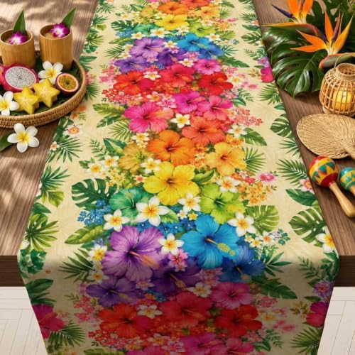 Luau Party Decorations - Tropical Hibiscus Plumeria Palm Leaf Table Runner