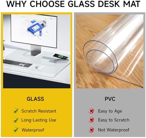 VASUHOME 32" x 20" Premium Tempered Glass Desk Mat with Beveled Edge - Ergonomic Desk Protector, Crystal Clear, Dry Erase Surface, Ideal Table Top Protector for Home & Office