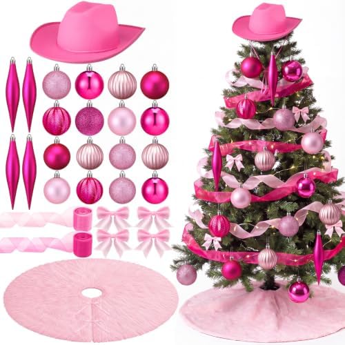 Sosation 28 Pcs Pink Cowgirl Christmas Tree Decor Complete Set