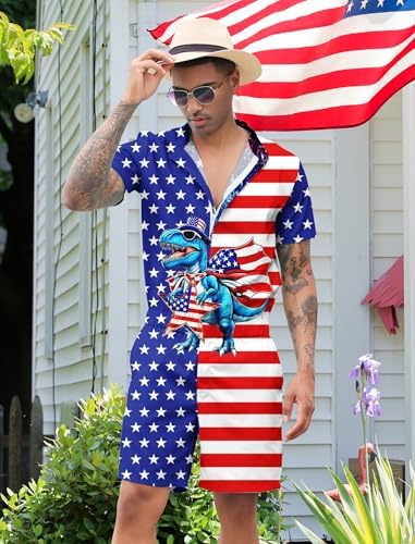 RAISEVERN Mens Romper Male Zipper Shorts Sleeve One Piece Bro Outfits