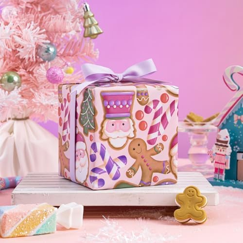 WRAPAHOLIC Reversible Gingerbread Christmas Wrapping Paper - Mini Roll - 17 Inch x 33 Feet - Pink Purple Stripes and Gingerbread Wrapping Paper for Xmas Holiday, Party Celebration