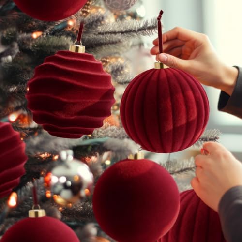 Syhood 12 Pcs 6 Inch Velvet Christmas Balls Large Ornaments, Burgundy