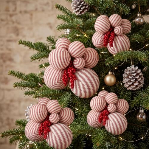 4 Set Large Red White Stripe Christmas Ball Clusters Fabric Ball Ornament