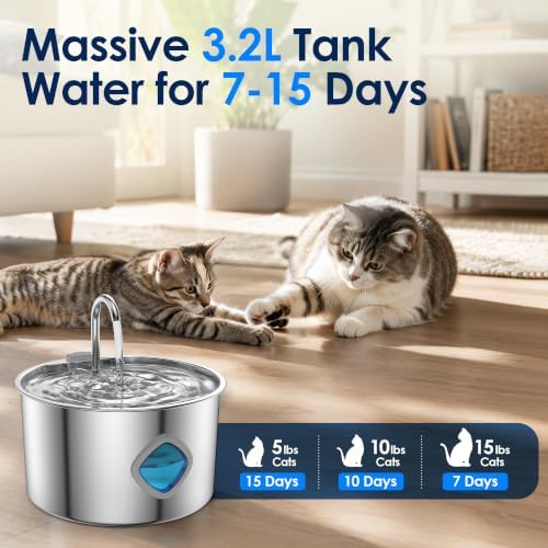 Pawira Cat Water Fountain, 304 Stainless Steel Pet Water Dispenser, 108oz Large Capacity with Water Level Window, Ultra Quiet Automatic Drinking Fountain with 10 Filters & 6 Pump Cotton