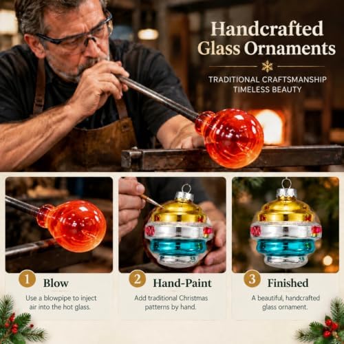 Soulchen 8pcs Retro Glass Christmas Finial Ornament with Reflector for Tree
