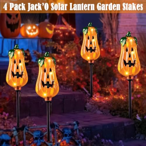 Halloween Decorations Outdoor,4 Pack Halloween Pumpkin Solar Lights Stakes