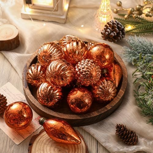 Syhood 18 Pcs Gold Copper Christmas Mercury Glass Balls Ornaments, 6 Styles
