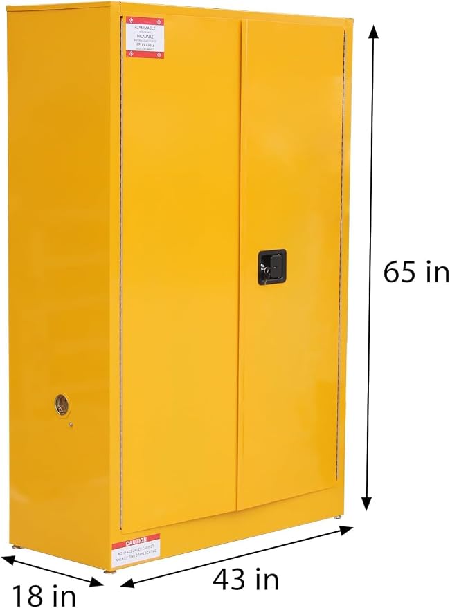Flammable Storage Cabinet 43" x 18" x 65", 45 Gallon Galvanized Steel Flammable Liquid Storage Locker with 2 Adjustable Shelves & Manual-Close Doors, OSHA Compliant Industrial Hazardous Storage, Yell