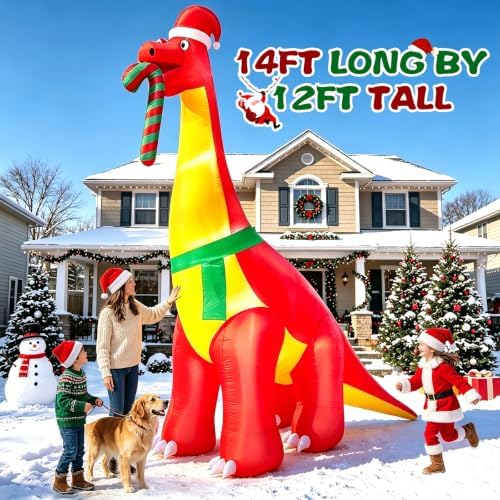 12 Ft Christmas Inflatables Dinosaur Outdoor Decorations, Giant Christmas Blow up,Built in LED Lights, Xmas Inflatable Decor Holiday Party Yard Garden Lawn