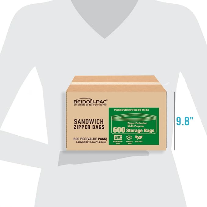 BEIDOU-PAC Slider Sandwich Food Storage Freezer Bags with Stand-Up Bottom, 600 Count | 2 Mil | 6.5 IN x 4.3 IN x 1.6 IN, Freshness Easy Open Reclosable Clear Plastic Bags (Slider-sandwich-600count)
