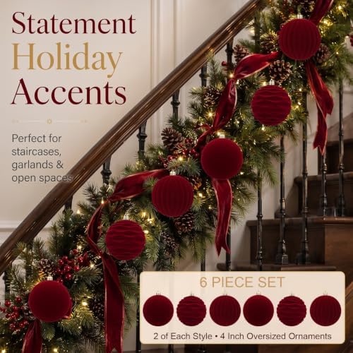 Hollowfly 6 pcs 4 Inch Burgundy Red Large Velvet Christmas Balls Ornaments