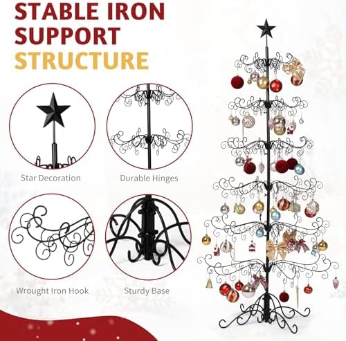 Karl home 6 ft Wrought Iron Christmas Ornament Display Tree, Black