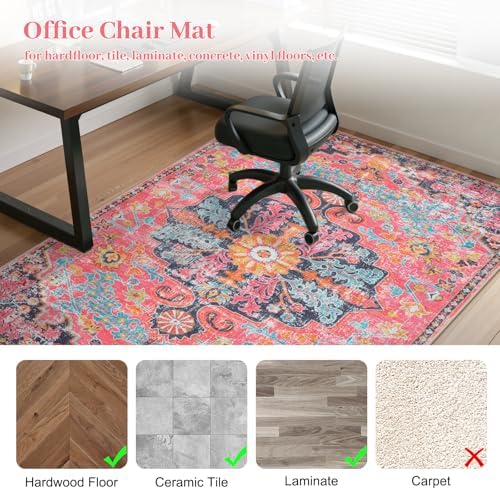 Anidaroel Office Chair Mat for Hardwood Floor, 48"x60" Office Rug for Rolling Chair, Desk Floor Mats for Office Chair, Anti-Slip Computer Gaming Chair Mat, Easy to Roll, Fuchsia/Multi