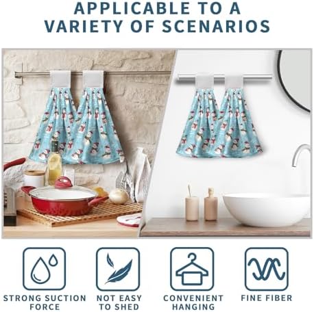 Christmas Winter Snowman Hanging Hand Towels Set of 2 Blue Snowflakes Xmas Holiday Kitchen Towels with Hanging Loop Tea Bar Dish Cloth Towels Soft Absorbent Fingertip Fast Dry Bath Towels