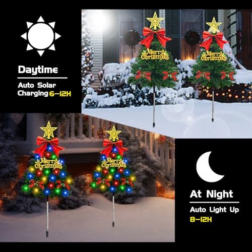 Christmas Tree Solar Pathway Lights Outdoor Decor, 4 Pack, Green