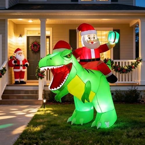 7.9FT Christmas Inflatables Santa Riding Giant Dinosaur for Party Xmas