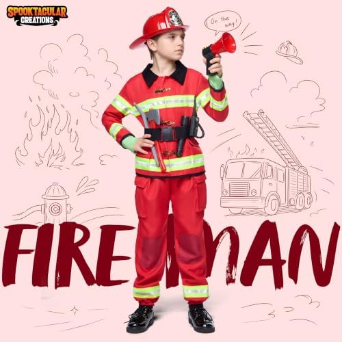 Spooktacular Creations Halloween 14PCS Firefighter Costume for Kids, Boys Fireman Costume with Toys Set for Toddler RolePlay